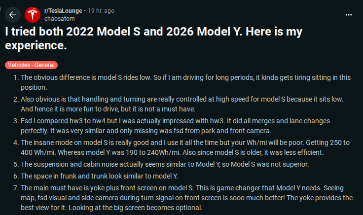 El usuario revisa las experiencias de conducción en el modelo Tesla Model S y 2026 Modelo Y., y enfatiza las diferencias en la conveniencia, el tratamiento y las características.